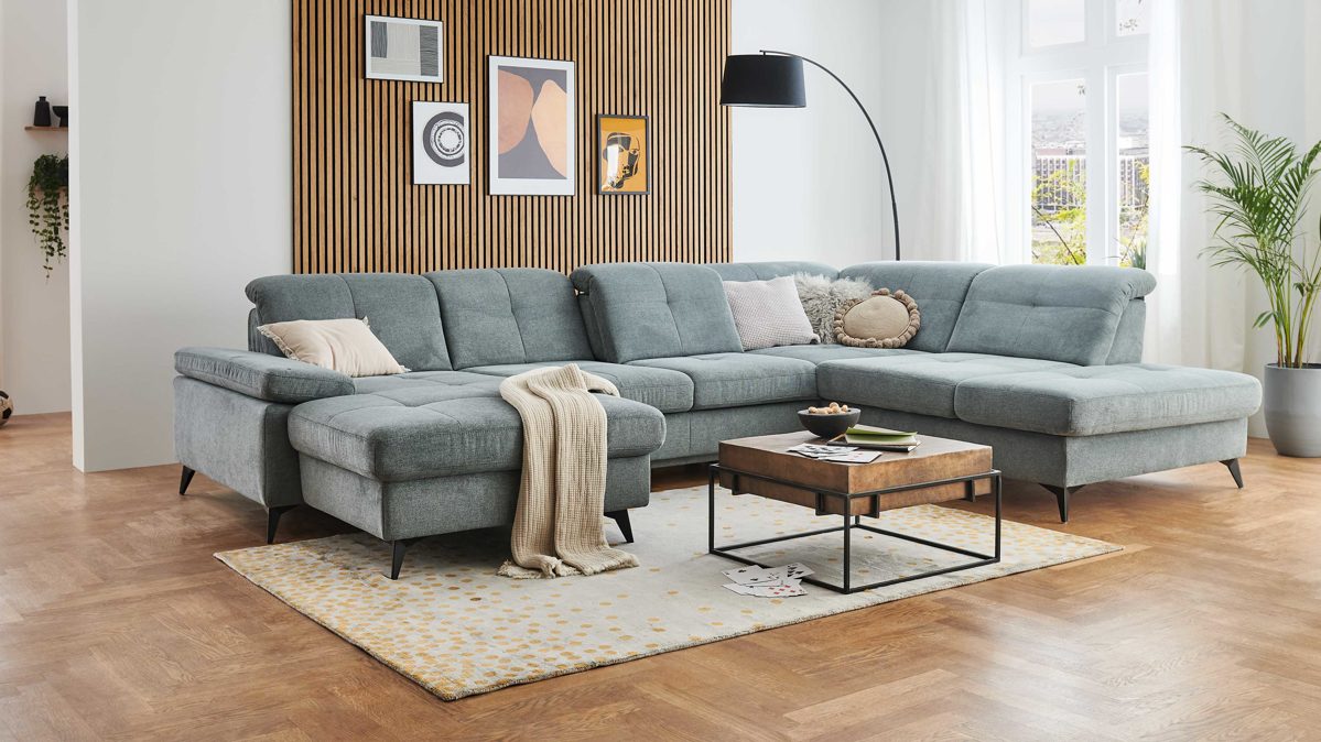 Ecksofa modulmaster aus Stoff in Blau Modulmaster Serie MM-MP1206 - Ecksofa stahlfarbenes Flachgewebe Cyber & schwarze Metallfüße – Stellfläche ca. 353 x 255 cm