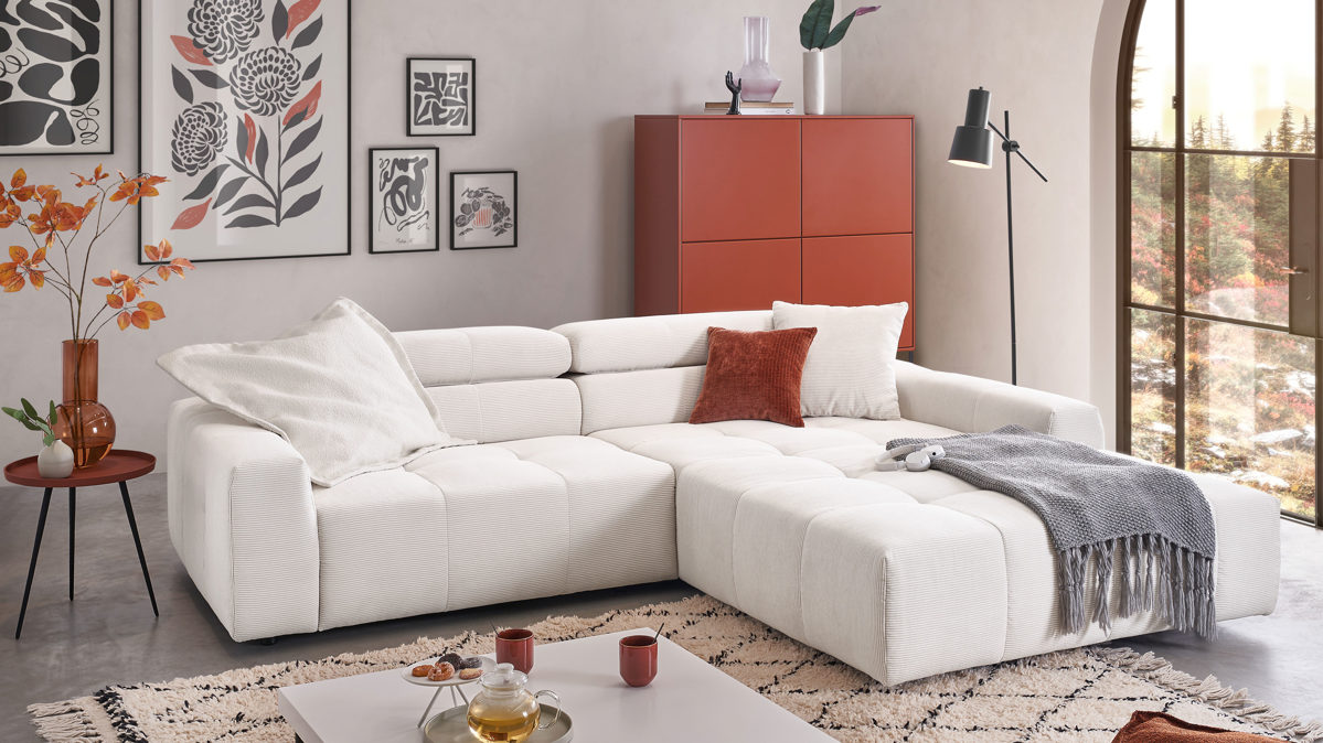 Ecksofa SOFAkultur aus Stoff in Weiß SOFAkultur Programm SK 748 - Ecksofa weißer Feincord - Stellfläche ca. 258 x 217 cm