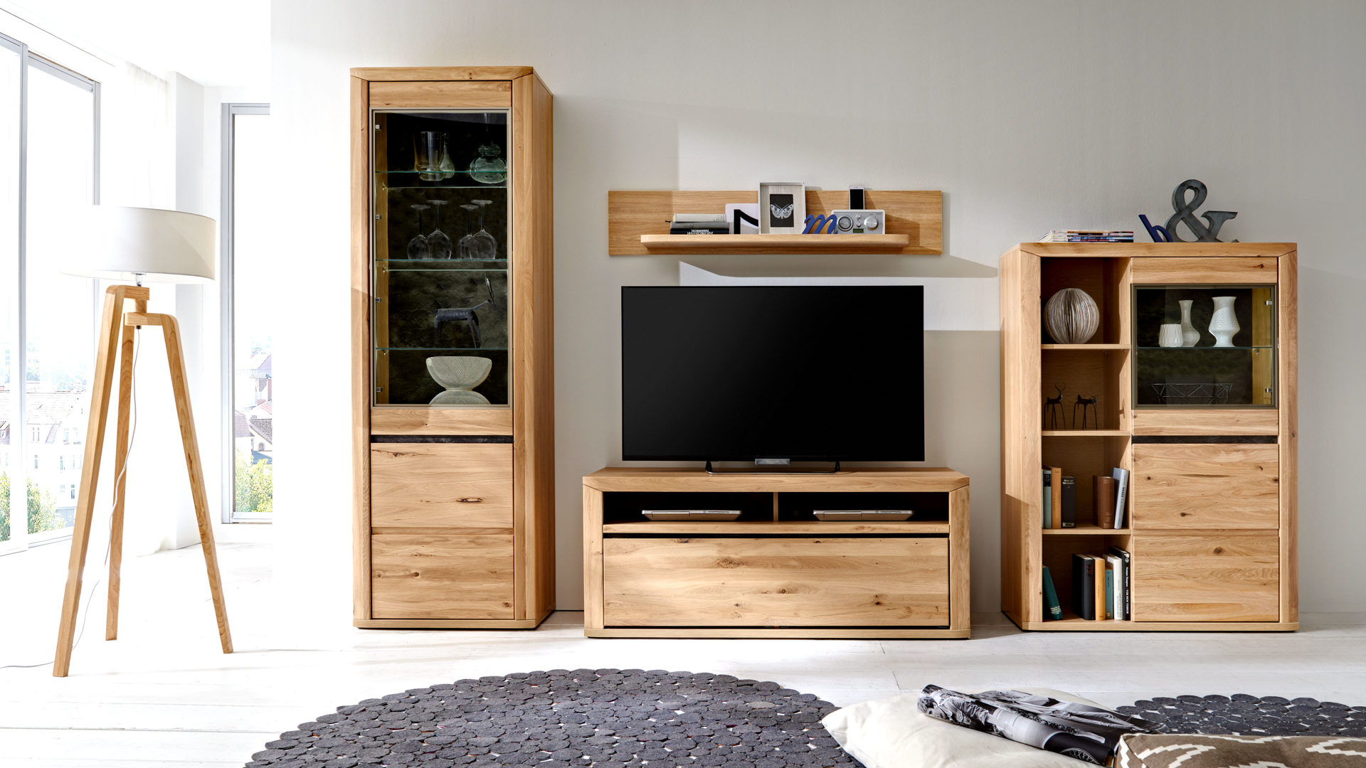 Wohnwand Ideal möbel aus Holz in Holzfarben Wohnkombination - Wohnwand Alteiche & Schiefer – Breite ca. 317 cm