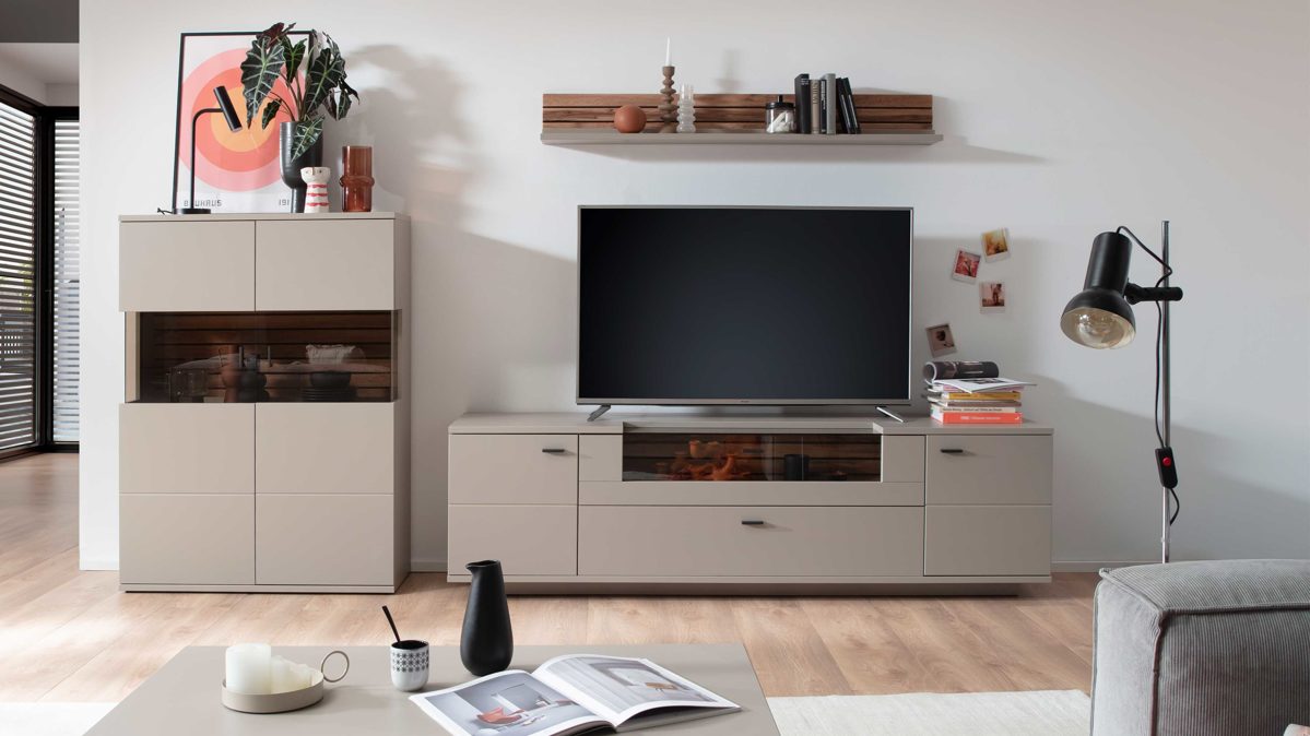 Wohnwand Mca direkt aus Holz in Grau PARTNERRING COLLECTION Wohnprogramm Lüttich - Wohnwand Basaltgrau & Wotan Eiche – dreiteilig, Breite ca. 320 cm