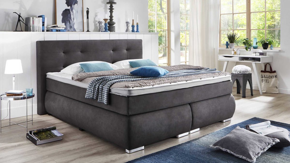 Boxspringbett KAWOO aus Stoff in Dunkelgrau KAWOO Boxspringbett Tofino elefantgrauer Bezug 50407-700 – Liegefläche ca. 180 x 200 cm