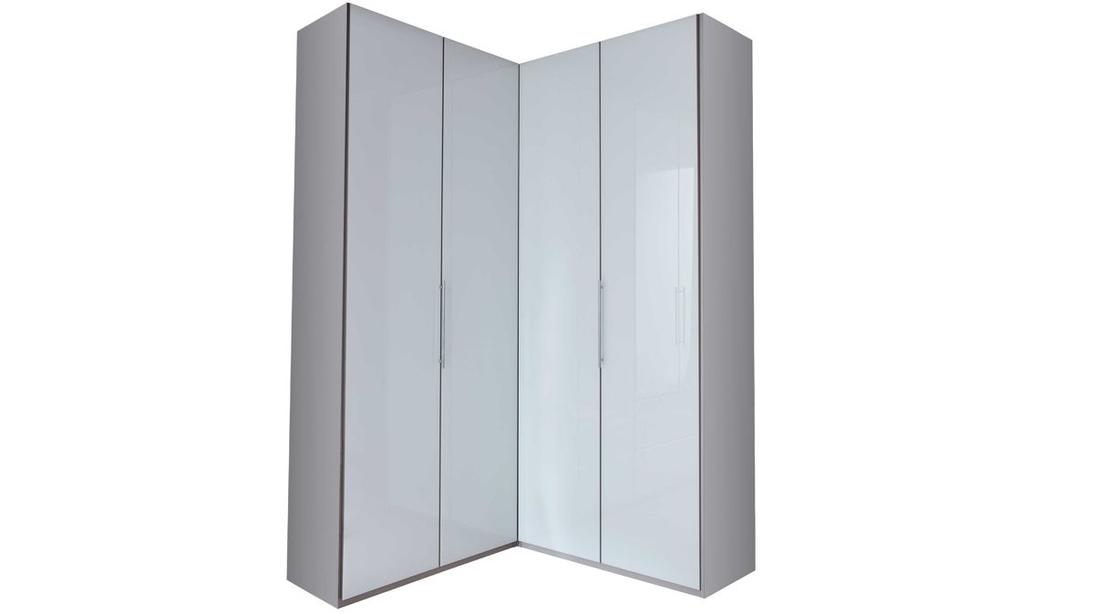 Eckschrank Interliving aus Holz in Weiß Interliving Kleiderschrank Serie 1205 – Eckschrank weiße Glasfronten – vier Türen