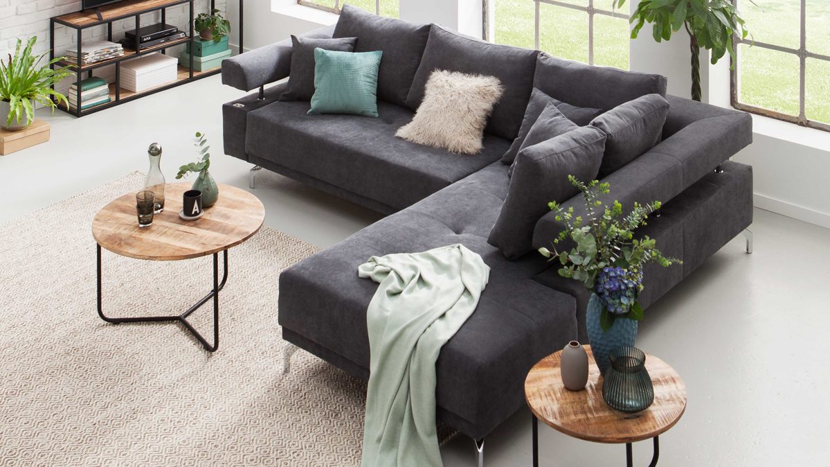 Ecksofa KAWOO® aus Stoff in Anthrazit KAWOO® Funktions-Ecksofa bzw. Polsterecke Dream anthrazitfarbener Bezug Sun 96 & Metallfüße – Stellfläche ca. 270 x 224 cm
