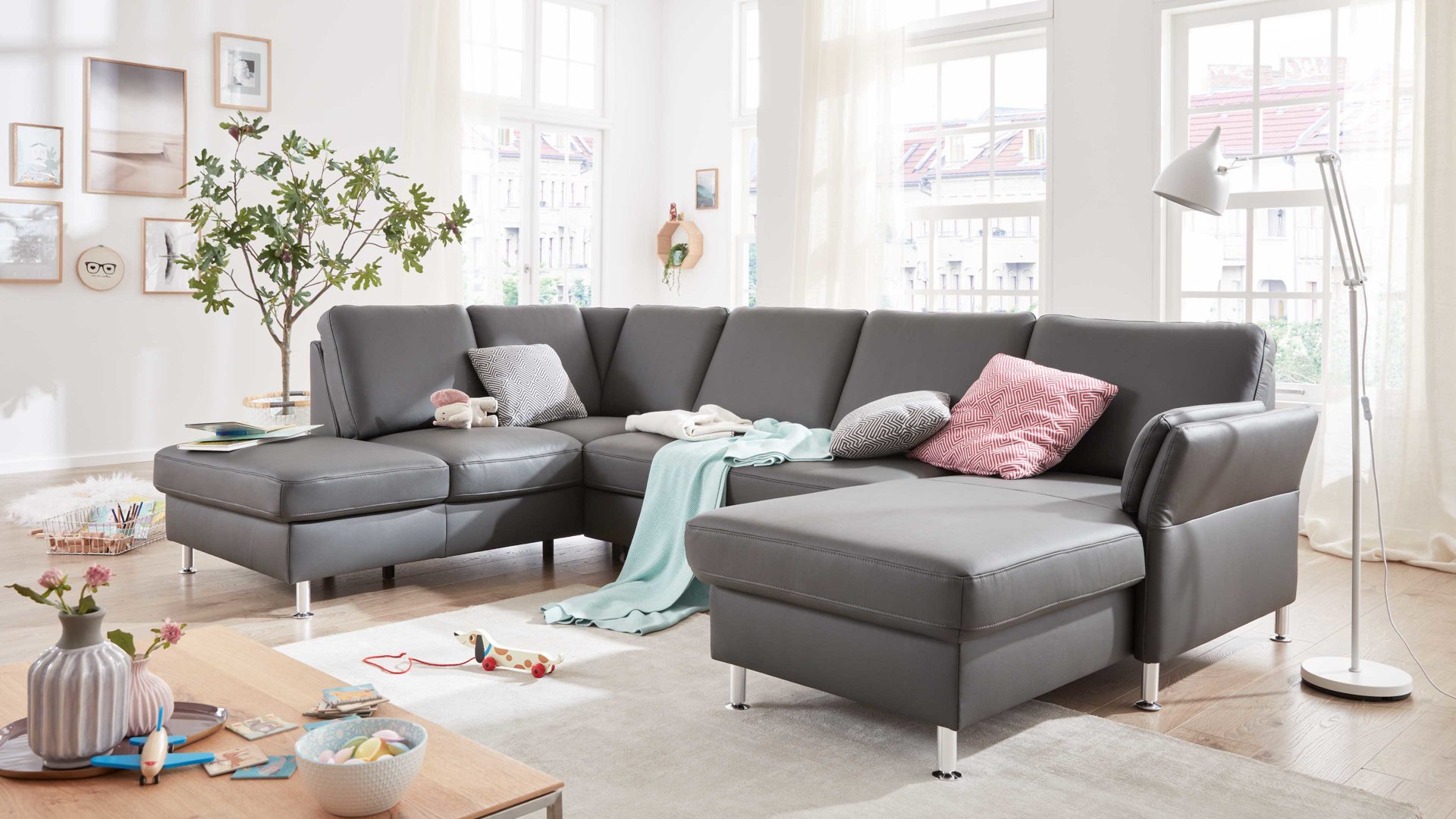 Ecksofa modulmaster aus Leder in Anthrazit Modulmaster MM-PN1080 - Wohnlandschaft anthrazitfarbenes Leder Torro & Metallfüße – Stellfläche ca. 200 x 305 cm