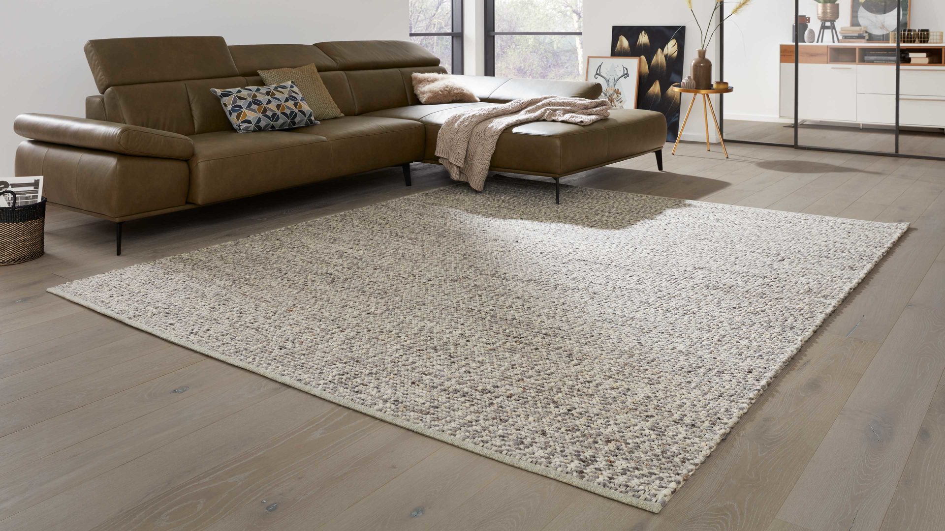 Handwebteppich Interliving aus Naturfaser in Hellgrau Interliving Teppich Serie B-8001 steinfarbene Schurwolle – ca. 250 x 290 cm