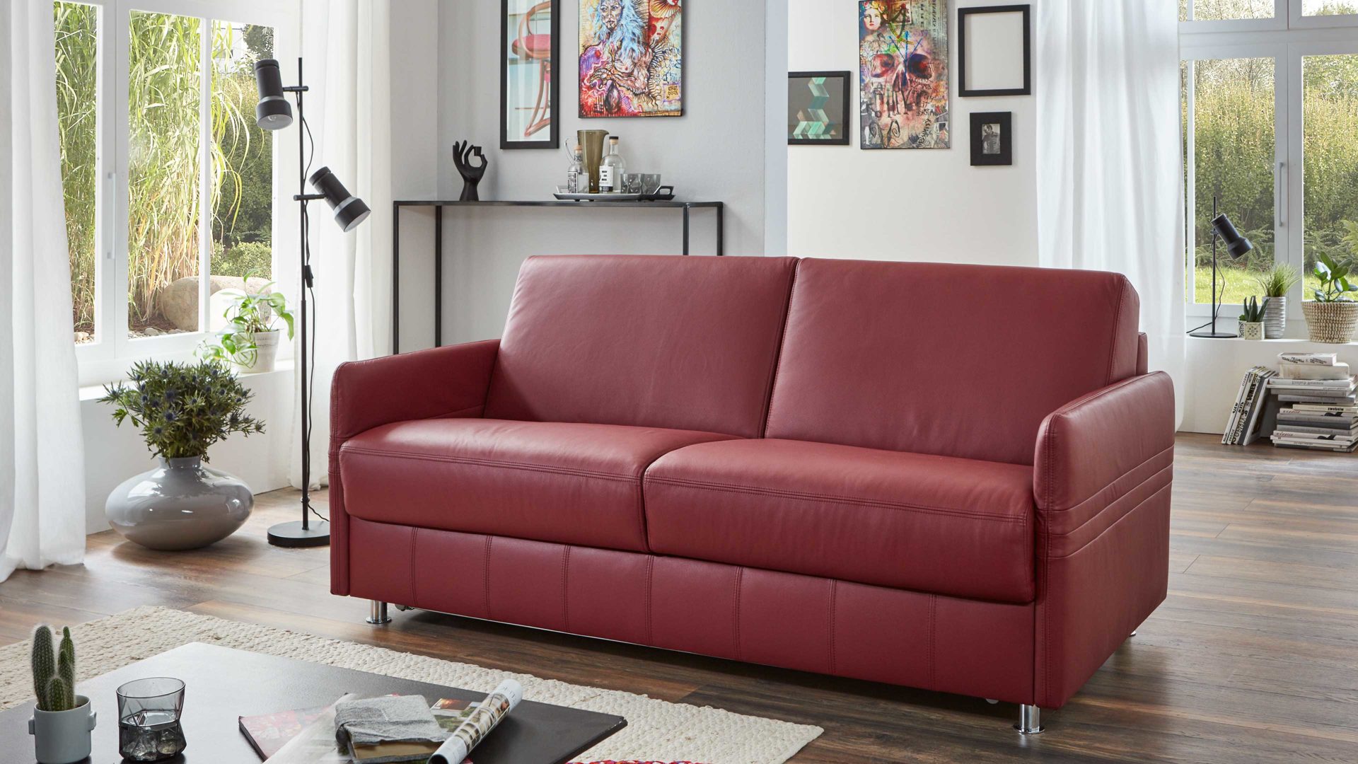 Schlafsofa comfortmaster besser sitzen, liegen, leben aus Leder in Rot Comfortmaster Messina Funktionssofa - Schlafcouch dunkelrotes Leder 20-1030 & Chromfüße 84 - Breite ca. 157 cm