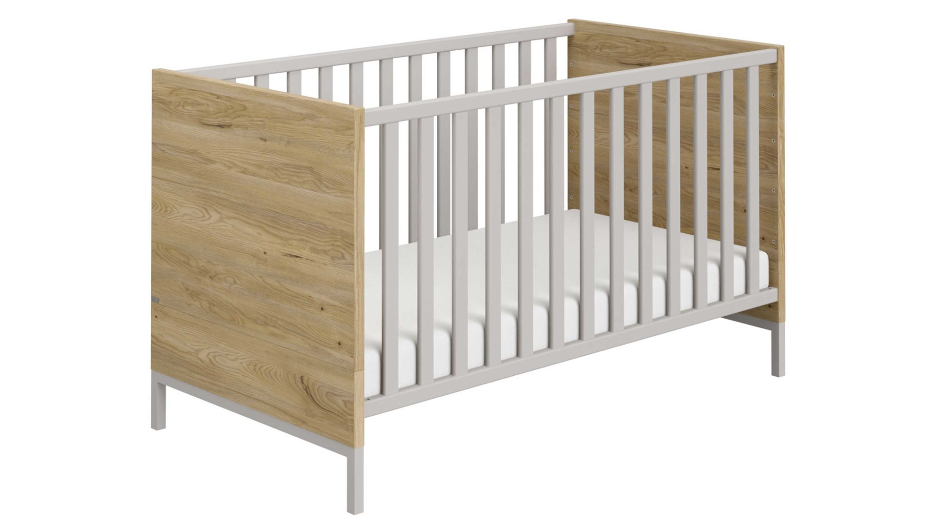 Babybett Paidi aus Holz in Hellgrau PAIDI Babyzimmerprogramm Benne - Bettgestell Kieselgrau & Montana Eiche – Liegefläche ca. 70 x 140 cm