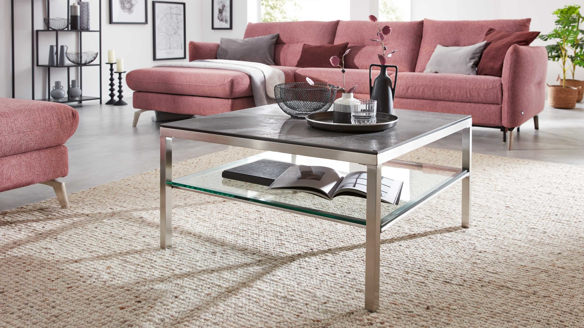 Couchtisch Interliving aus Keramik in Grau Interliving Couchtisch Serie 6210 - Couchtisch CT197AR zementgraue Keramik & Edelstahl - ca. 85 x 85 cm