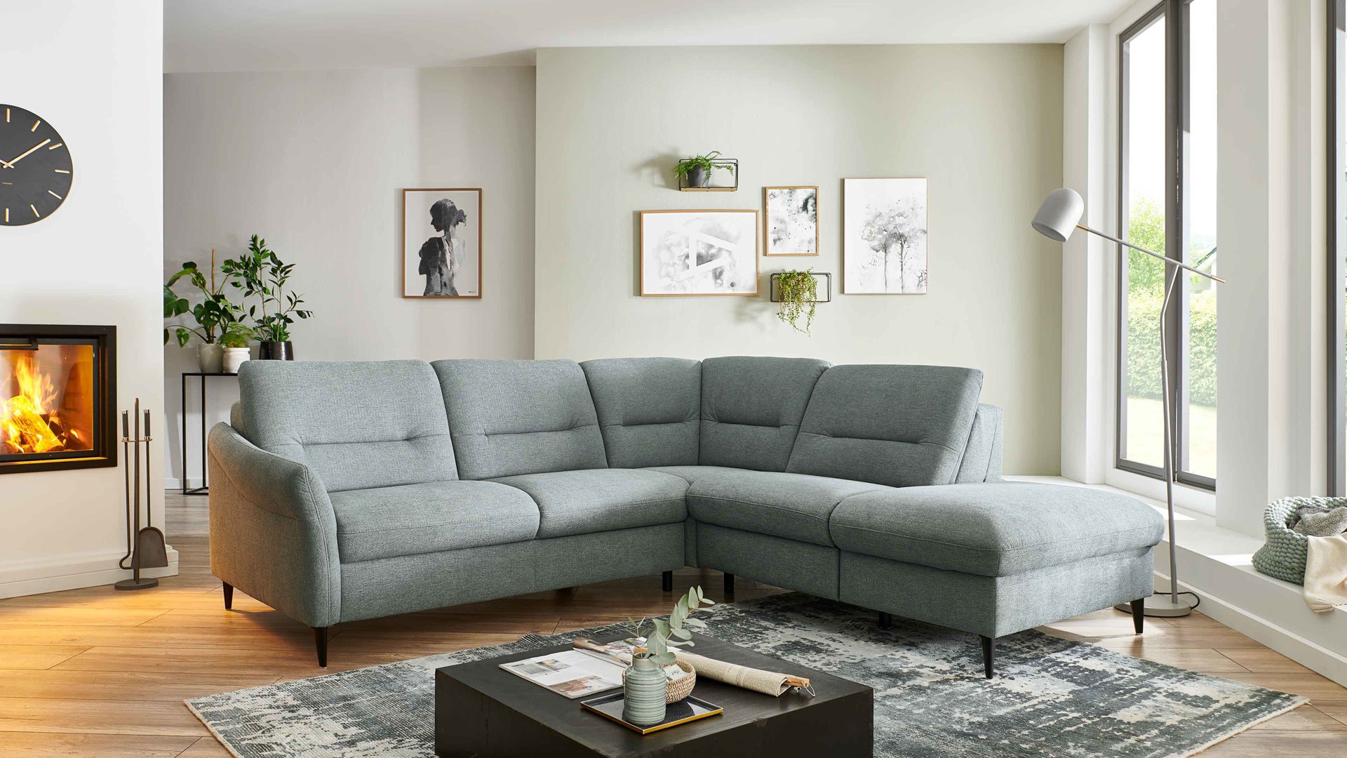 Ecksofa modulmaster aus Stoff in Hellgrau Modulmaster MM-ZE1125 - Ecksofa stahlfarbene Chenille Calido & schwarze Metallfüße - Stellfläche ca. 243 x 220 cm