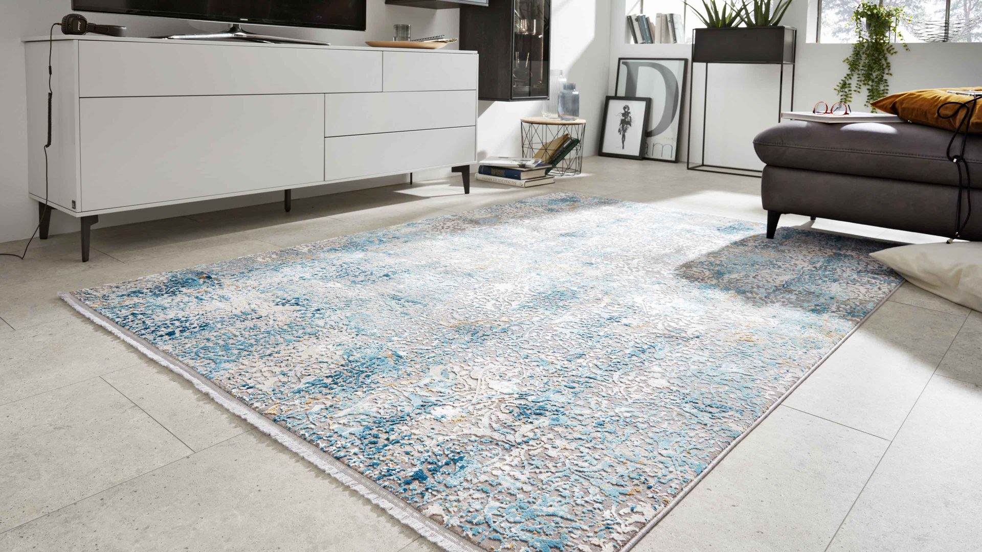 Webteppich Interliving aus Mischgewebe in Blau Interliving Teppich Serie L-8700 Grau-Blau – ca. 160 x 230 cm