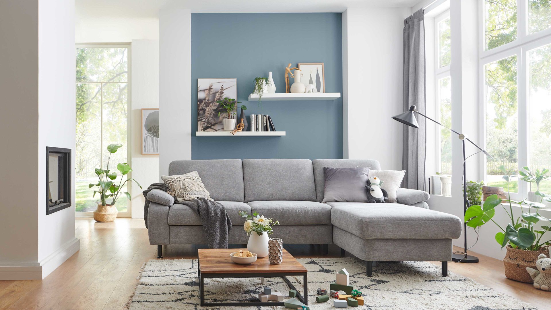 Ecksofa modulmaster aus Stoff in Grau Modulmaster MM-ZE1129 - Ecksofa alufarbene Chenille Charly & schwarze Füße - Stellfläche ca. 260 x 168 cm