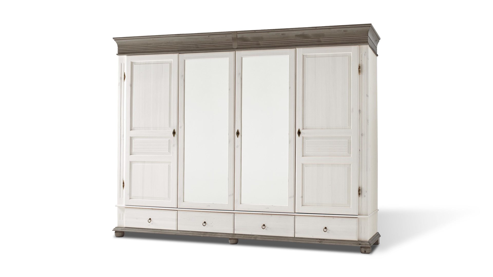 Kleiderschrank Euro diffusion aus Holz in Weiß Kleiderschrank als Schlafzimmermöbel mit Komfort  Lavagrau & Weiß - zwei Holztüren, zwei Spiegeltüren, vier Schubladen