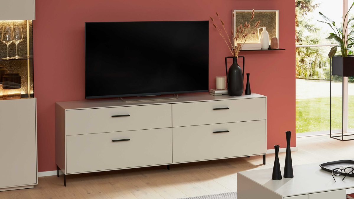 Lowboard Interliving aus Holz in Weiß Interliving Wohnzimmer Serie 2030 PLUS - Lowboard Sahara Creme & Granitfurnier - zwei Schubladen, Länge ca. 200 cm