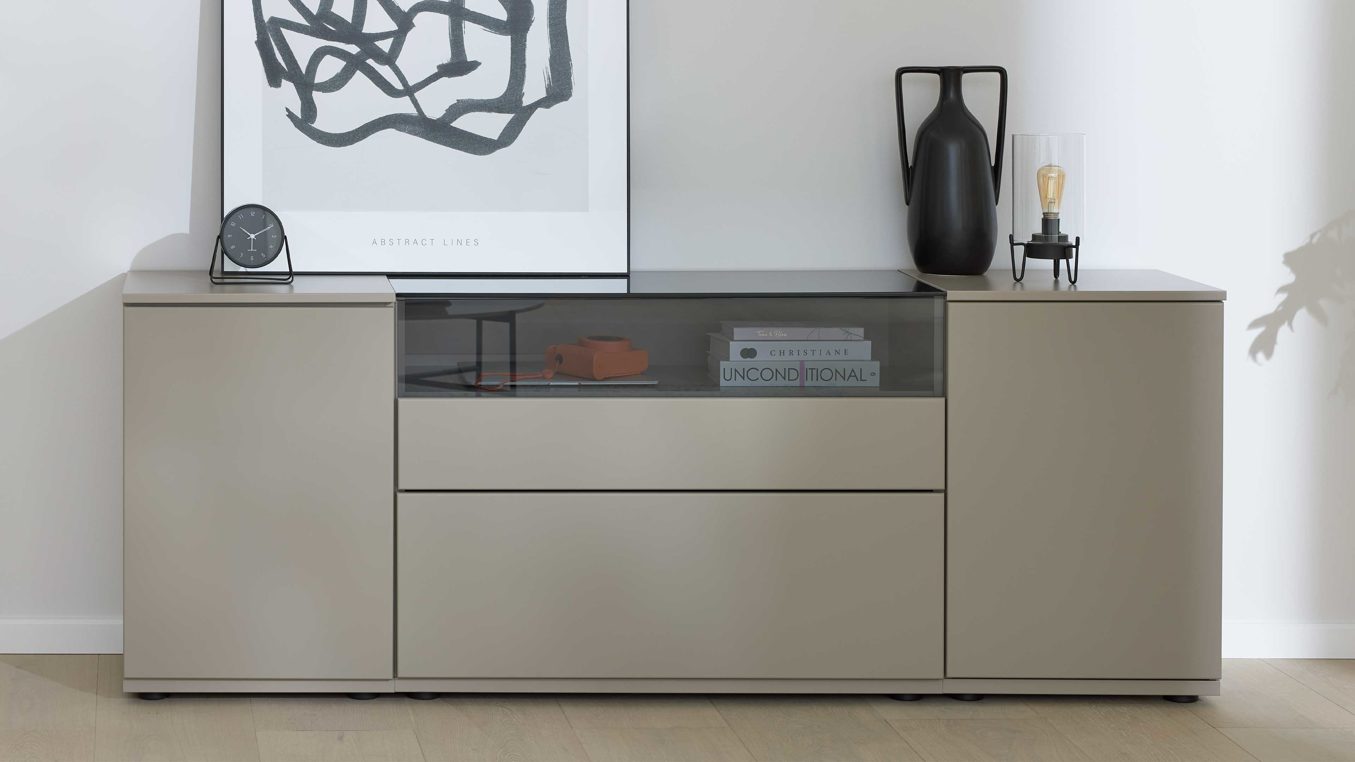 Sideboard Interliving aus Holz in Grau Interliving Wohnzimmer Serie 2031 - Sideboard Grau & Risseiche - zwei Türen, zwei Schubladen, Breite ca. 180 cm