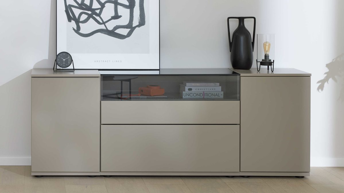 Sideboard Interliving aus Holz in Grau Interliving Wohnzimmer Serie 2031 - Sideboard Grau & Risseiche - zwei Türen, zwei Schubladen, Breite ca. 180 cm