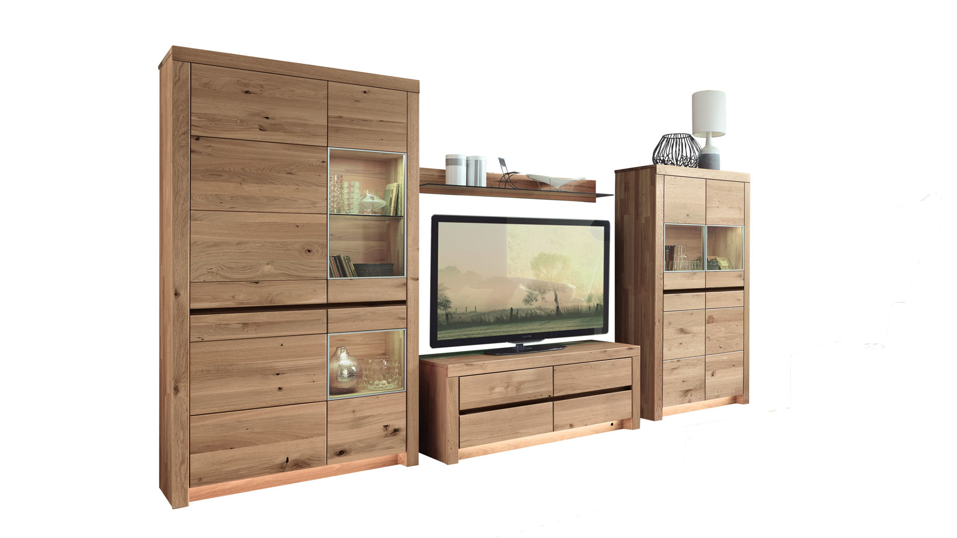 Wohnwand Wöstmann markenmöbel aus Holz in Holzfarben WÖSTMANN Wohnkombination Soleo - Wohnwand Wildeiche – vierteilig, Breite ca. 377 cm