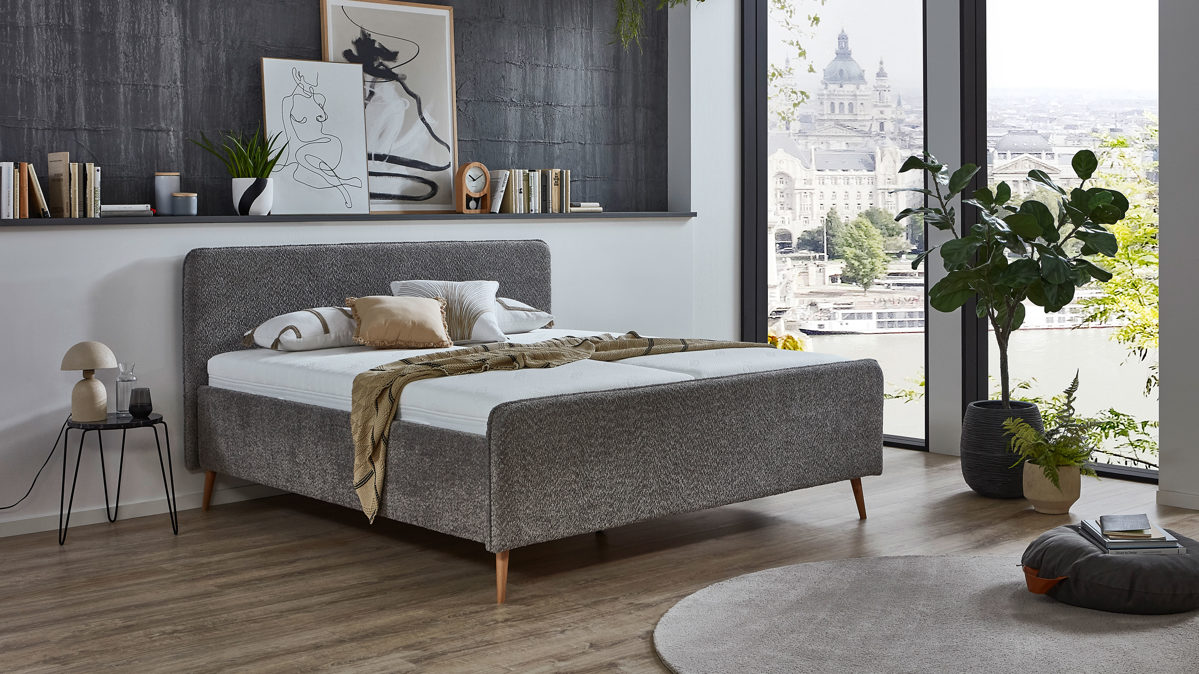 Polsterbett Sun garden | 162739 aus Stoff in Grau Polsterbettgestell Salida grauer Bezug & Holzfüße - Liegefläche ca. 140 x 200 cm