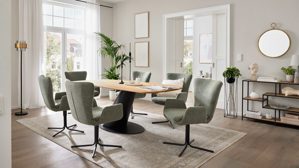 Esstisch Interliving aus Holz in Holzfarben Interliving Esszimmer Serie 5121 – Essgruppe mit sechs Stühlen Charakter-Eiche, thymianfarbener Bouclé Alpine  & schwarzes Metall – ca. 200 x 100 cm