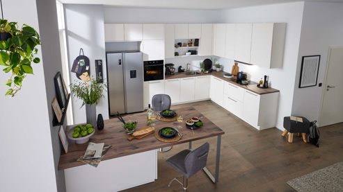 Einbauküche Interliving aus Holz in Weiß Interliving Küche Serie 3090 mit Side by Side Kühlschrank Magnolia – zweizeilig
