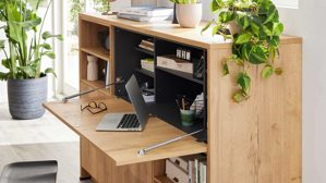 Einbauküche Interliving aus Holz in Dunkelgrau Interliving Küche Serie 3093 mit separater Homeoffice-Lösung Graphit & Eiche Venture - dreizeilig