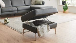 Polsterhocker modulmaster aus Leder in Anthrazit Modulmaster MM-PN1200 - Polsterhocker mit Funktion anthrazitfarbenes Leder Torro & glänzende Metallfüße – ca. 87 x 65 cm