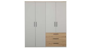 Kleiderschrank Interliving aus Holz in Hellgrau Interliving Jugendzimmer Serie 1702 - Kleiderschrank Sandgrau & Artisan Eiche - vier Türen, drei Schubladen, Breite ca. 187 cm