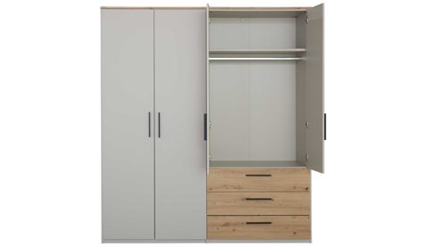 Kleiderschrank Interliving aus Holz in Hellgrau Interliving Jugendzimmer Serie 1702 - Kleiderschrank Sandgrau & Artisan Eiche - vier Türen, drei Schubladen, Breite ca. 187 cm