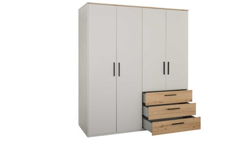 Kleiderschrank Interliving aus Holz in Hellgrau Interliving Jugendzimmer Serie 1702 - Kleiderschrank Sandgrau & Artisan Eiche - vier Türen, drei Schubladen, Breite ca. 187 cm