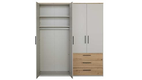Kleiderschrank Interliving aus Holz in Hellgrau Interliving Jugendzimmer Serie 1702 - Kleiderschrank Sandgrau & Artisan Eiche - vier Türen, drei Schubladen, Breite ca. 187 cm
