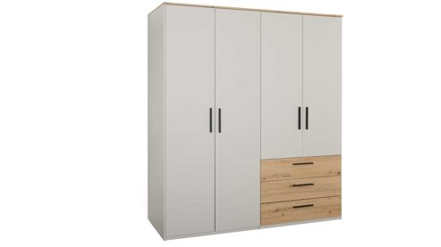 Kleiderschrank Interliving aus Holz in Hellgrau Interliving Jugendzimmer Serie 1702 - Kleiderschrank Sandgrau & Artisan Eiche - vier Türen, drei Schubladen, Breite ca. 187 cm