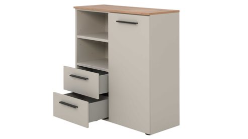 Kombikommode Interliving aus Holz in Hellgrau Interliving Jugendzimmer Serie 1702 - Kommode Sandgrau & Artisan Eiche - eine Tür, zwei Schubladen, Breite ca. 92 cm