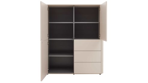 Highboard Interliving aus Holz in Beige Interliving Wohnzimmer Serie 2035 - Highboard beiger Mattlack - drei Schubladen, drei Türen