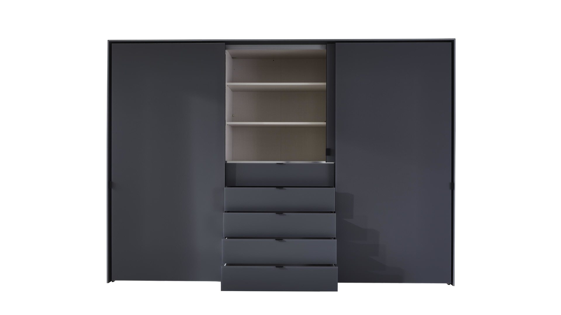 Kleiderschrank Staud aus Glas in Grau STAUD Schwebetürenschrank Media mit TV-Nische Vulkan – drei Türen, fünf Schubladen, Breite ca. 336 cm