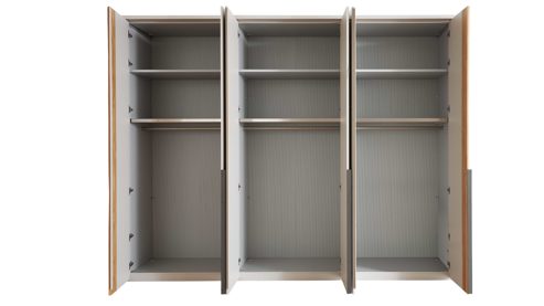 Kleiderschrank Interliving aus Holz in Hellgrau Interliving Schlafzimmer Serie 1035 – Kleiderschrank Champagner & Riffholz - sechs Türen, Breite ca. 300 cm