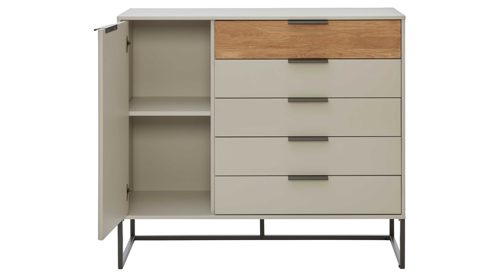 Komplettzimmer Interliving aus Holz in Hellgrau Interliving Schlafzimmer Serie 1035 – Komplettzimmer mit Polster-Bettanlage und Kommode Webstoff Sahara, Champagner & Riffholz - Liegefläche ca. 180 x 200 cm