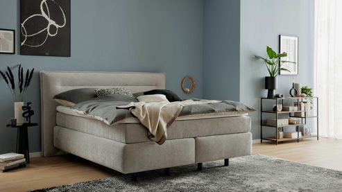 Boxspringbett Interliving aus Stoff in Hellgrau Interliving Boxspring Bett Serie 1421 taubengrauer Bezug Lofar 18 - Liegefläche ca. 180 x 200 cm