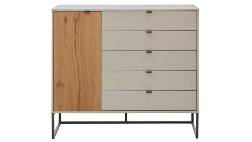 Kombikommode Interliving aus Holz in Hellgrau Interliving Schlafzimmer Serie 1036 – Kombikommode Champagner & Kernholz - eine Tür, fünf Schubladen, ca. 120 cm