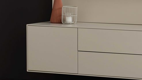 Lowboard Interliving aus Holz in Beige Interliving Wohnzimmer Serie 2034 - Lowboard beiger Lack & Eiche - vier Schubladen, eine Tür, Länge ca. 270 cm