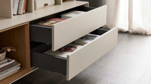 Lowboard Interliving aus Holz in Beige Interliving Wohnzimmer Serie 2034 - Lowboard beiger Lack & Eiche - vier Schubladen, eine Tür, Länge ca. 270 cm