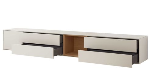 Lowboard Interliving aus Holz in Beige Interliving Wohnzimmer Serie 2034 - Lowboard beiger Lack & Eiche - vier Schubladen, eine Tür, Länge ca. 270 cm