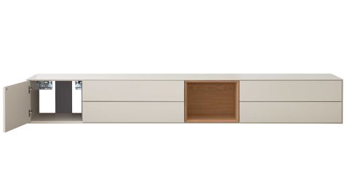 Lowboard Interliving aus Holz in Beige Interliving Wohnzimmer Serie 2034 - Lowboard beiger Lack & Eiche - vier Schubladen, eine Tür, Länge ca. 270 cm