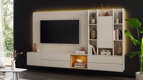 Wohnwand Interliving aus Holz in Beige Interliving Wohnzimmer Serie 2034 - Wohnwand beiger Lack - zweiteilig, Länge ca. 270 cm