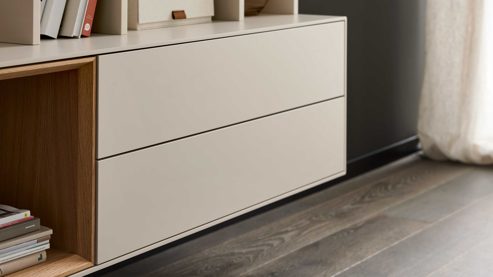 Lowboard Interliving aus Holz in Beige Interliving Wohnzimmer Serie 2034 - Lowboard beiger Lack & Eiche - vier Schubladen, eine Tür, Länge ca. 270 cm