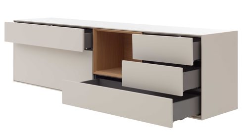 Sideboard Interliving aus Holz in Beige Interliving Wohnzimmer Serie 2034 - Sideboard beiger Lack & Eiche - vier Schubladen, eine Klapptür, Länge ca. 200 cm