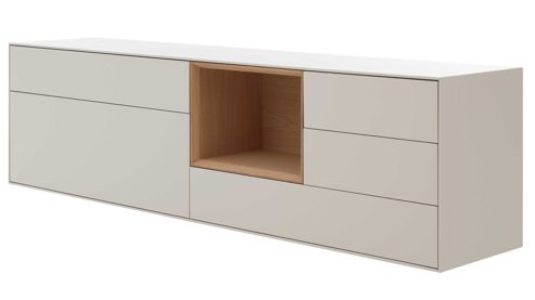 Sideboard Interliving aus Holz in Beige Interliving Wohnzimmer Serie 2034 - Sideboard beiger Lack & Eiche - vier Schubladen, eine Klapptür, Länge ca. 200 cm
