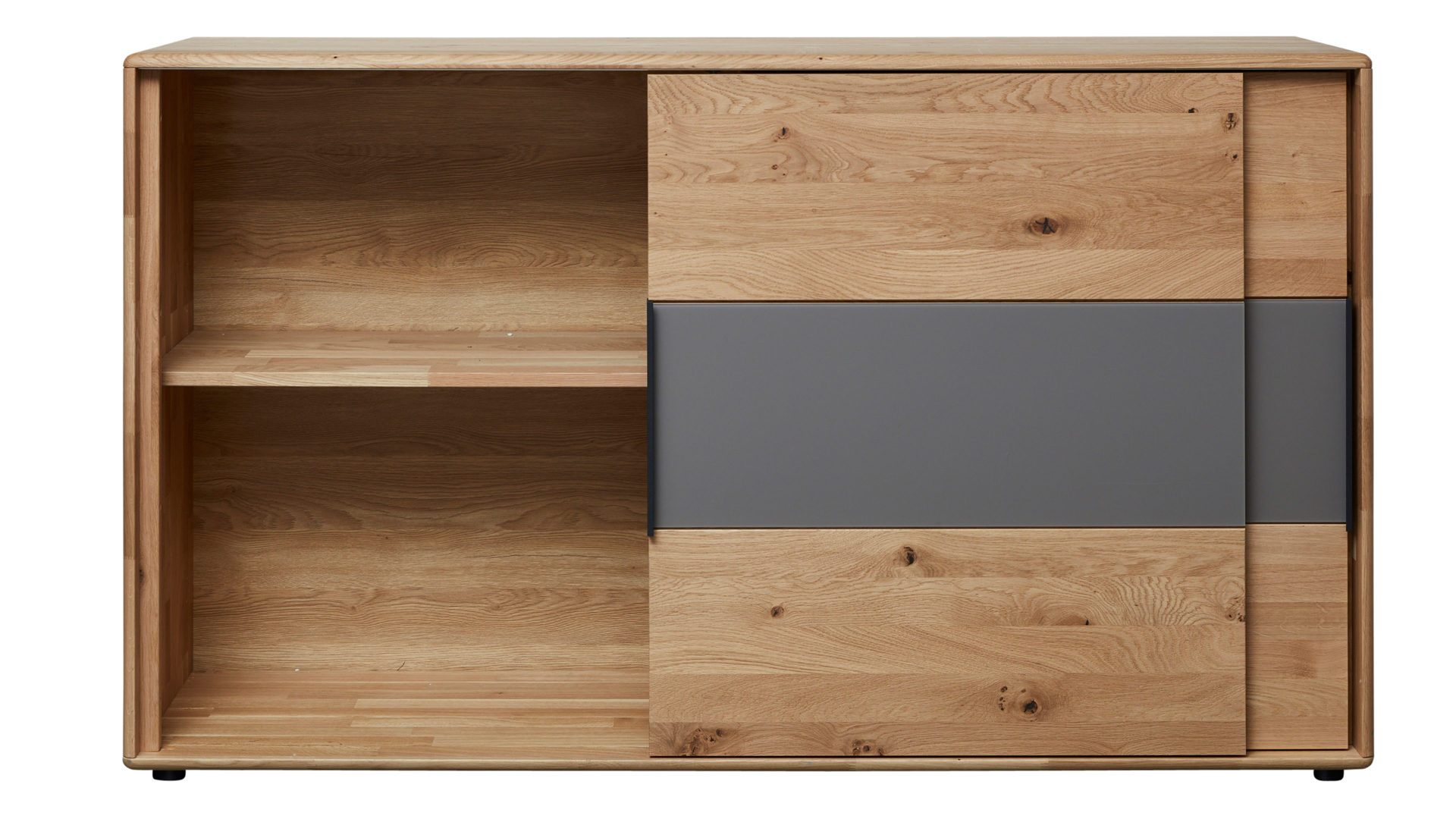 Türenkommode Interliving aus Holz in Grau Interliving Schlafzimmer Serie 1015 – Kommode 2167 sienafarbenes Mattglas & Wildeiche – zwei Schiebetüren