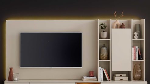 Paneel Interliving aus Holz in Beige Interliving Wohnzimmer Serie 2034 - Aufsatzregal beiger Lack & Eiche - zweiteilig, Länge ca. 270 cm