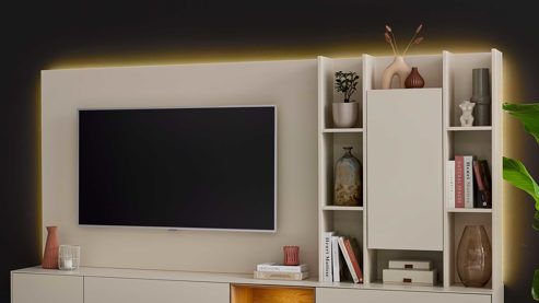 Paneel Interliving aus Holz in Beige Interliving Wohnzimmer Serie 2034 - Aufsatzregal beiger Lack & Eiche - zweiteilig, Länge ca. 270 cm