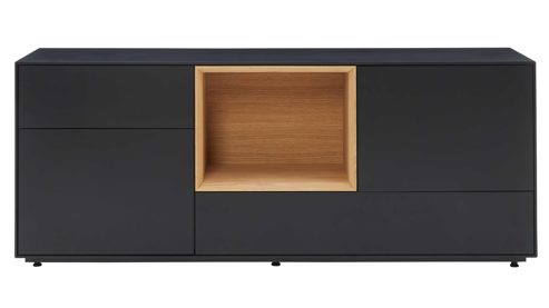 Sideboard Interliving aus Holz in Schwarz Interliving Wohnzimmer Serie 2034 - Sideboard schwarzer Lack & Eiche - zwei Schubladen, zwei Türen, Länge ca. 150 cm