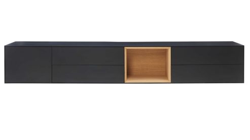 Lowboard Interliving aus Holz in Schwarz Interliving Wohnzimmer Serie 2034 - Lowboard schwarzer Lack & Eiche - vier Schubladen, eine Tür, Länge ca. 240 cm